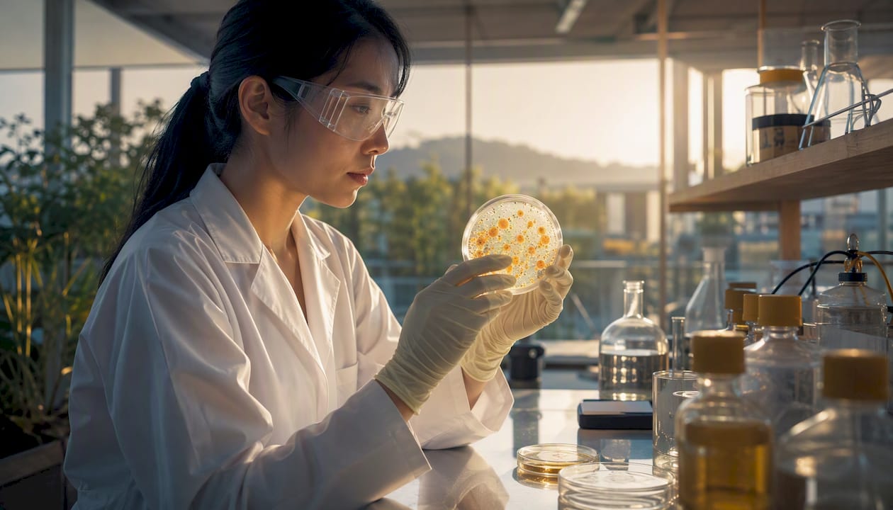 Microbiologist examining bacterial culture in lab