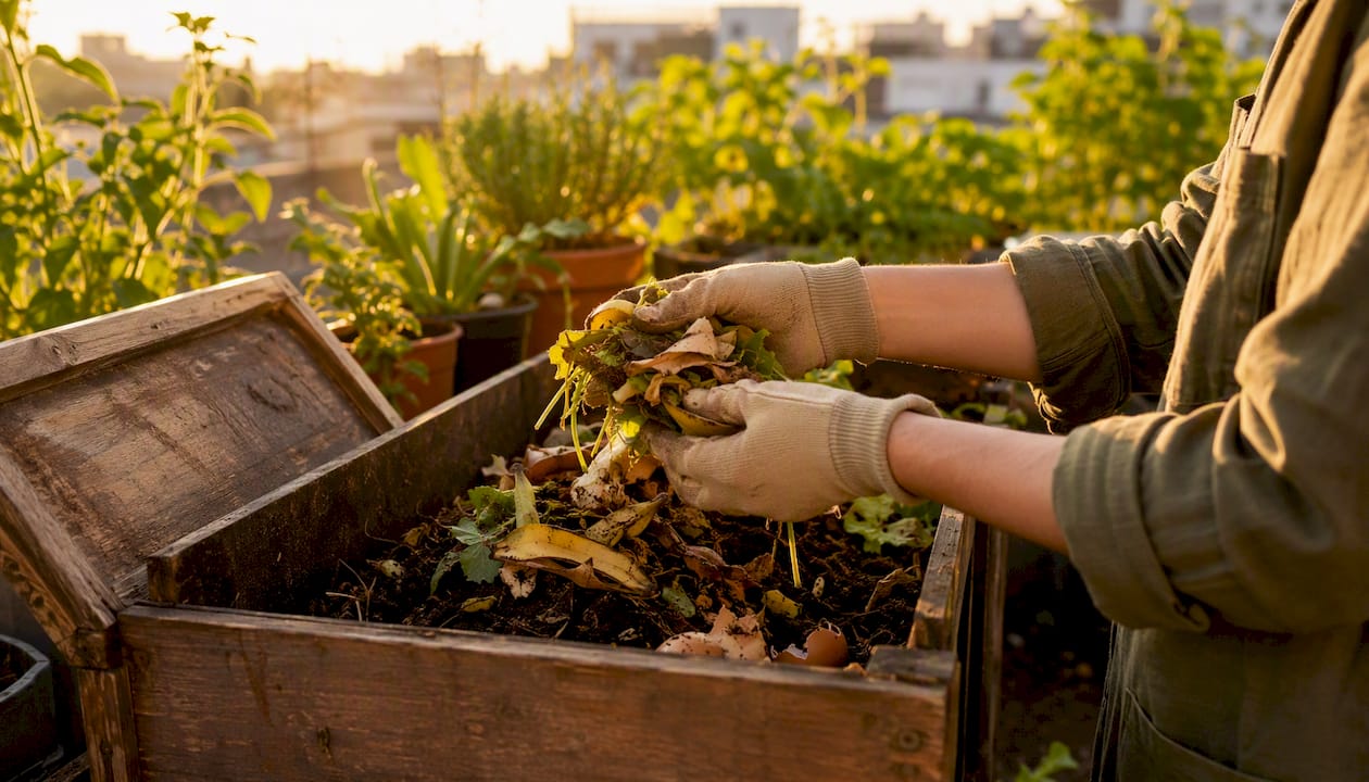 Hands adding food scraps to backyard compost bin