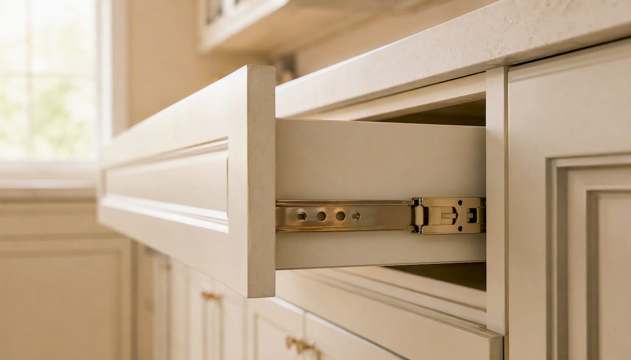 Side-mount slide hardware on kitchen drawer