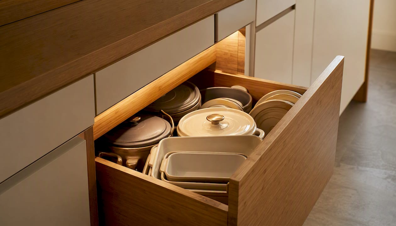 Deep bottom drawer holding pots and pans