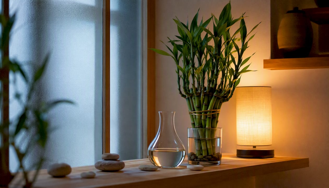 Lucky bamboo plant in low light indoor corner