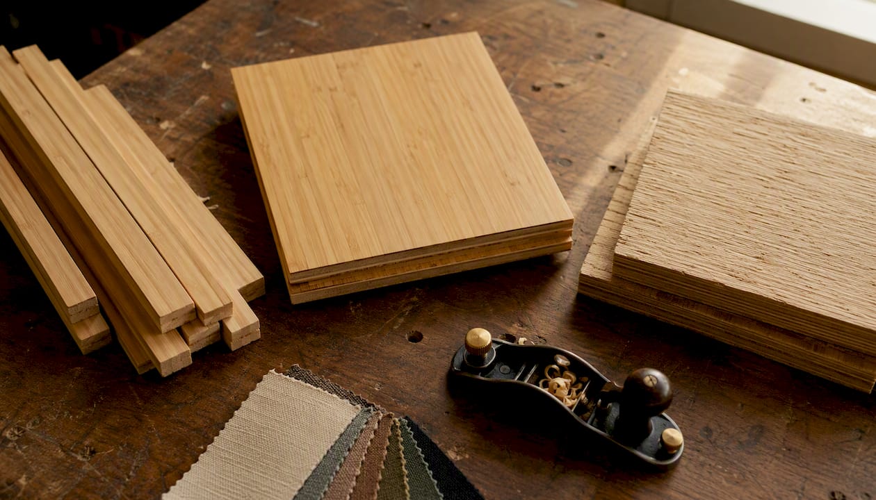 Three bamboo material samples on table