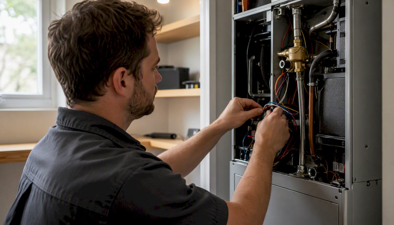 Hands installing electric heat pump wiring