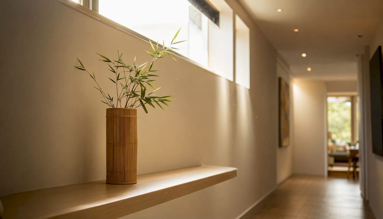 Daylit hallway with clerestory windows and light shelves