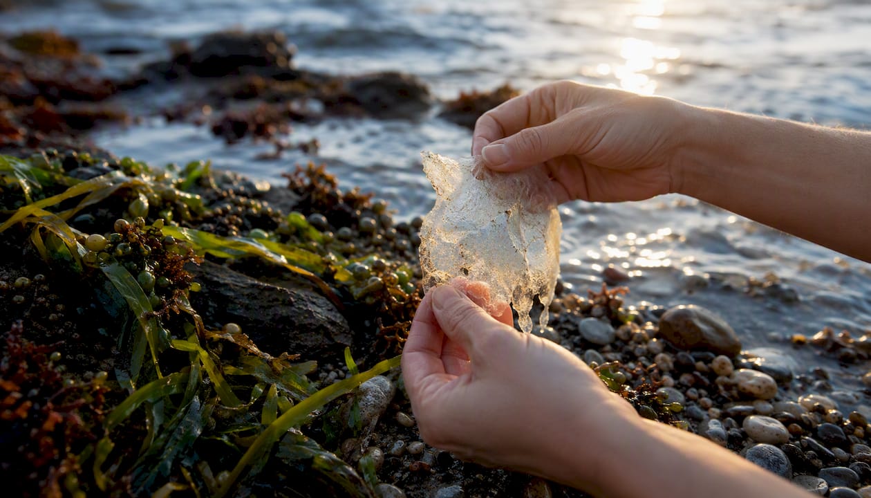 Hands holding biodegradable plastic film near soil and marine plants