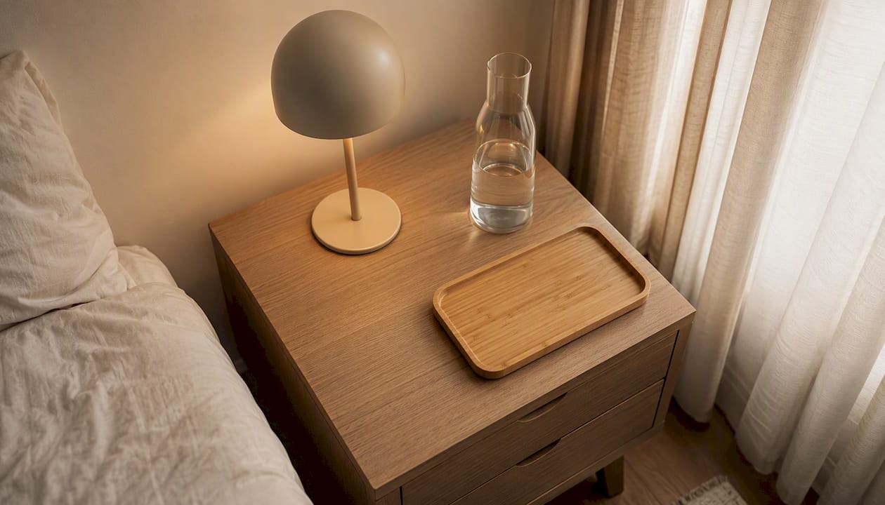 Small bedside table with lamp, water carafe, and tray