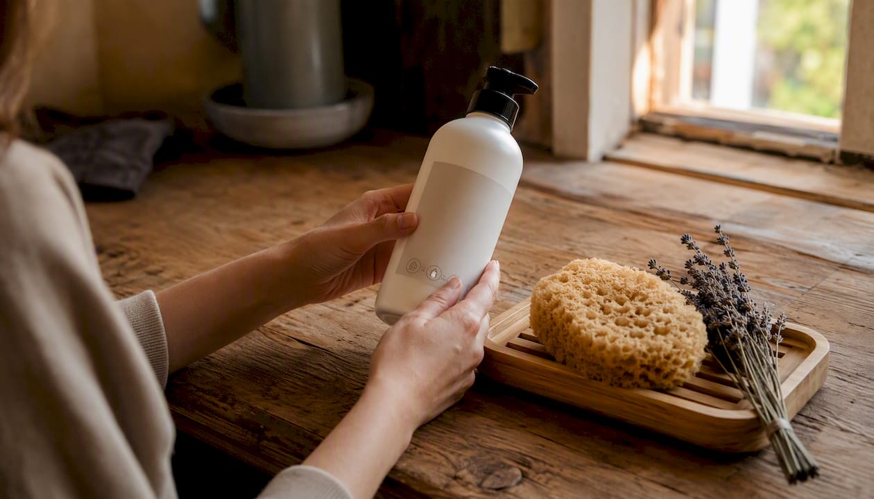 Hands inspecting eco-friendly product label
