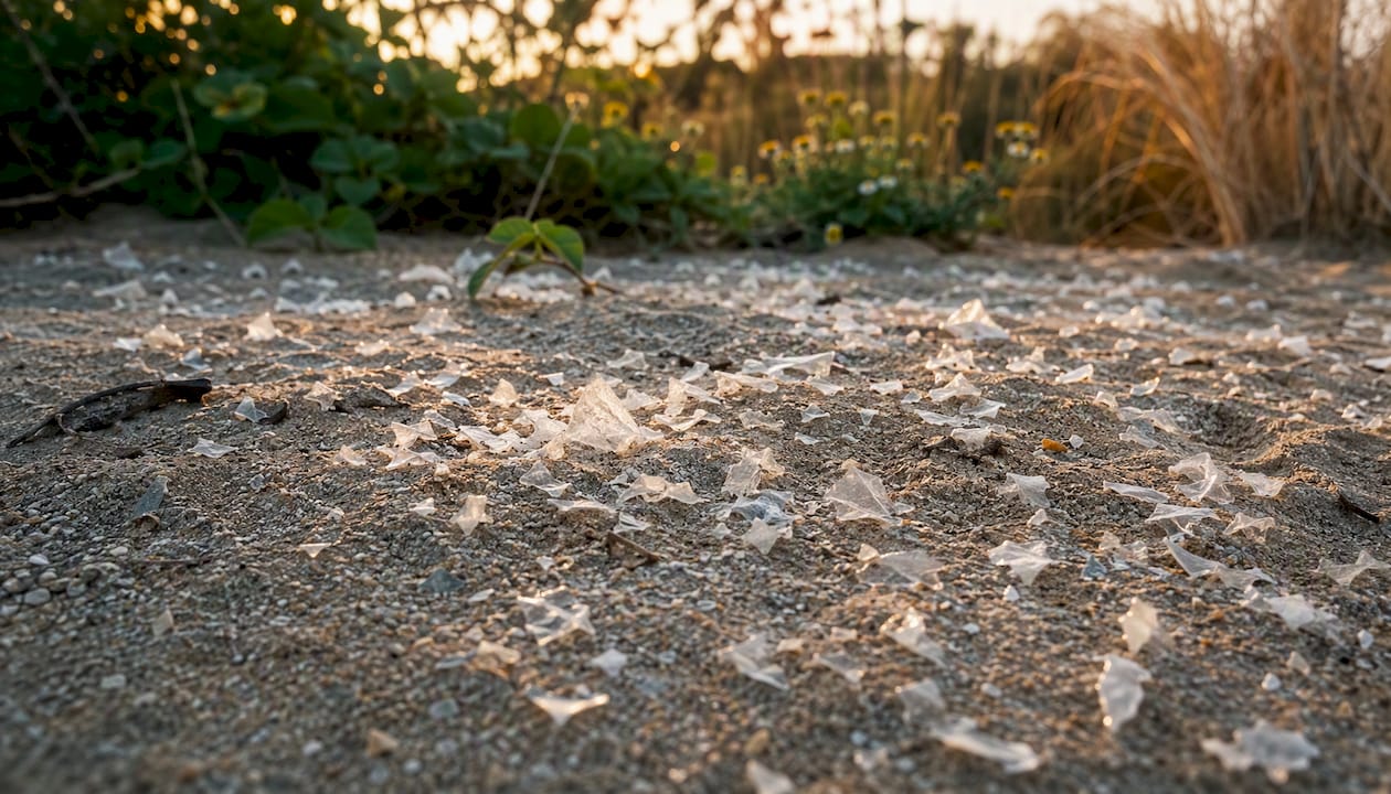 Close-up fragmented oxo-biodegradable plastic bits