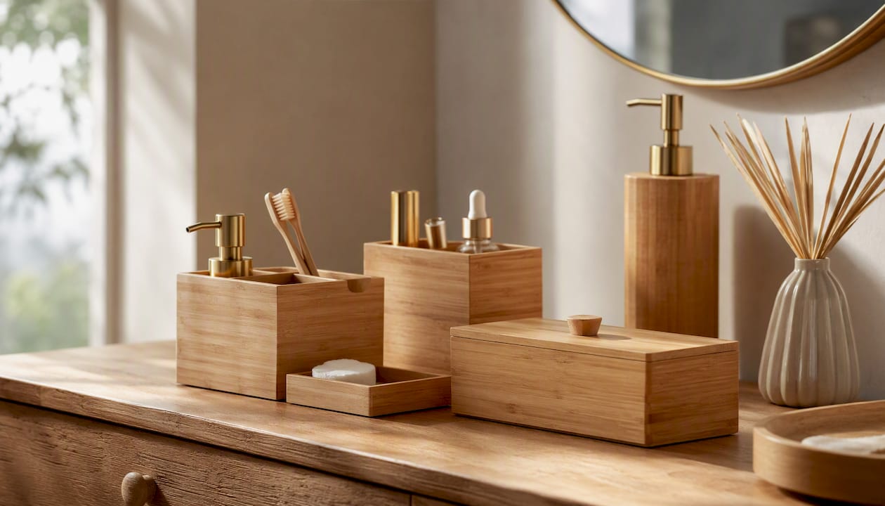 Handcrafted bamboo home accessories on wood table