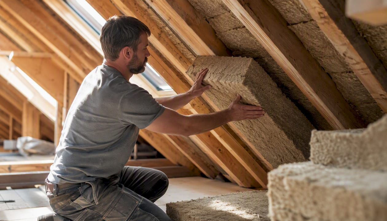 Hands installing attic insulation in natural light