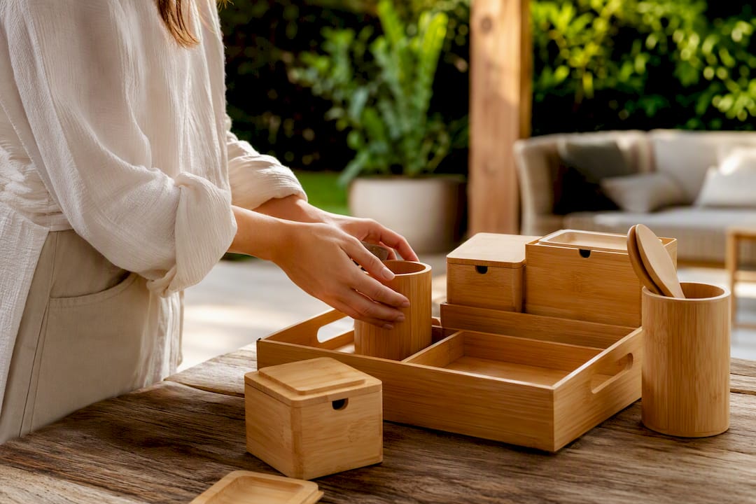 Hands handling bamboo household goods