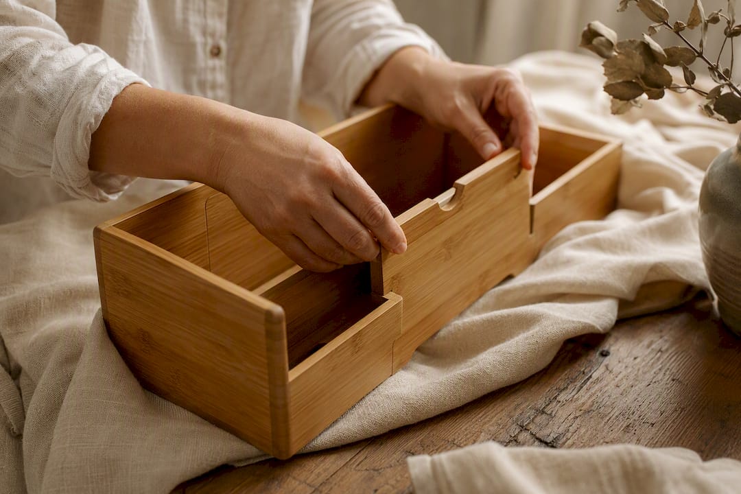 Close-up of hands arranging bamboo organizer