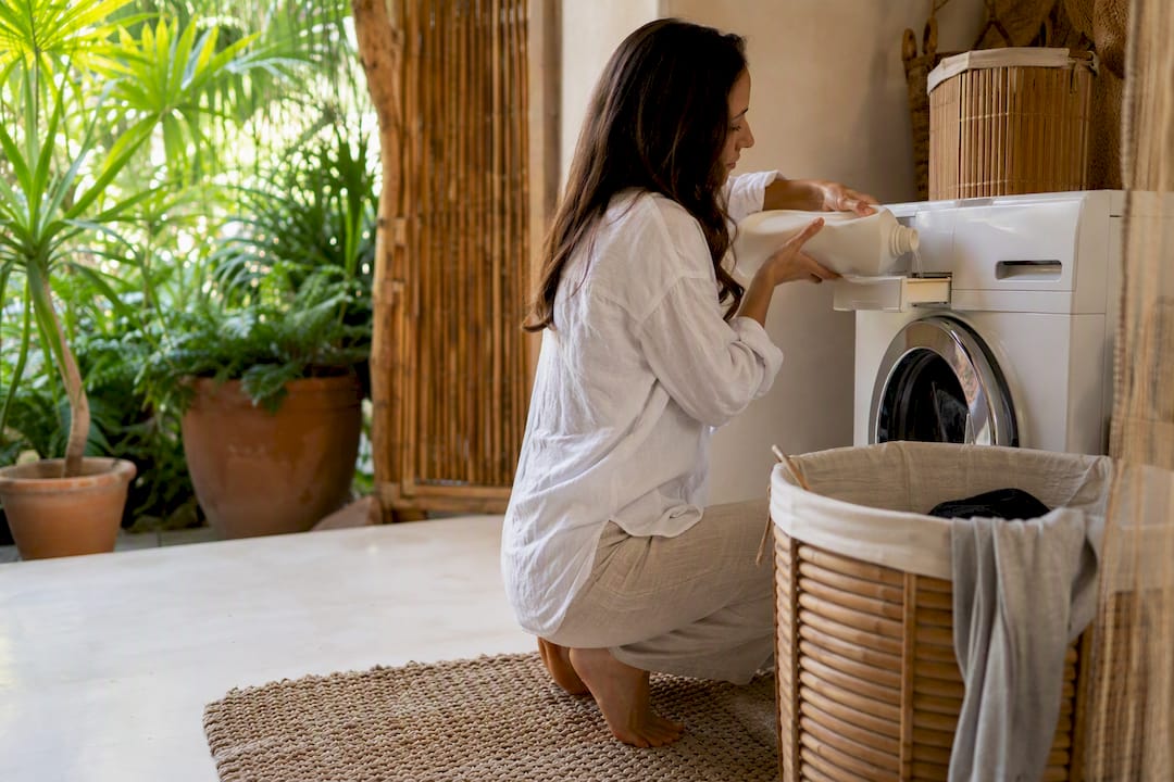 Hands pouring eco detergent in household laundry