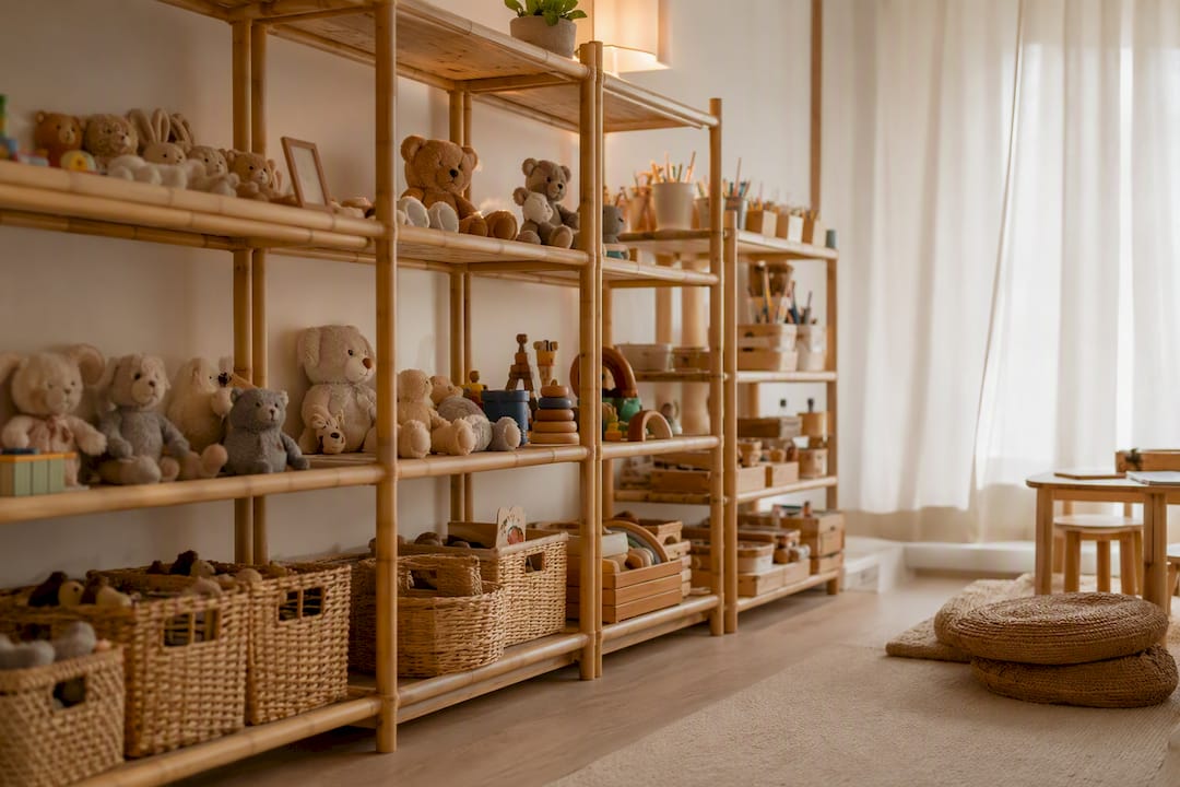 Zoned playroom with wooden shelving and toy categories