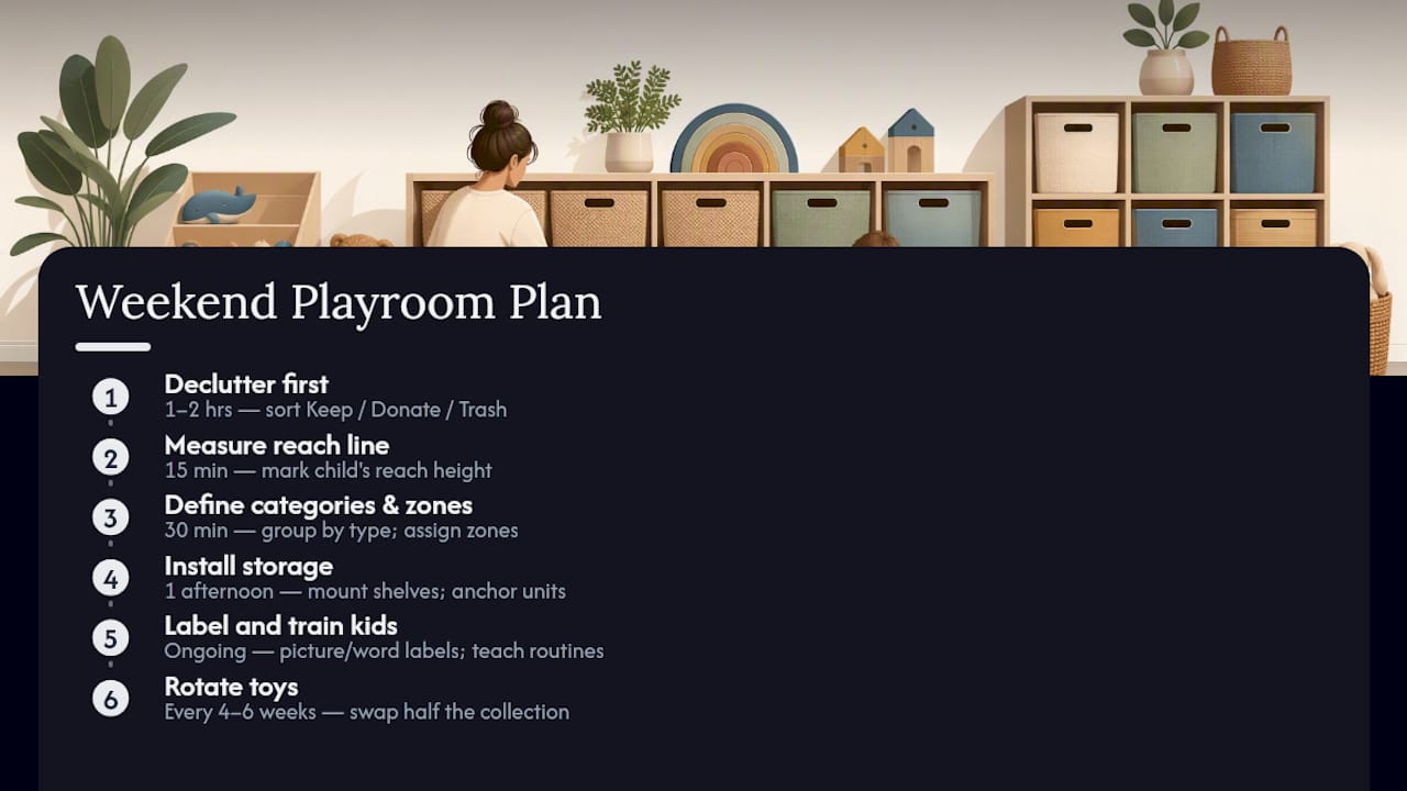 Timeline diagram of weekend playroom organization steps