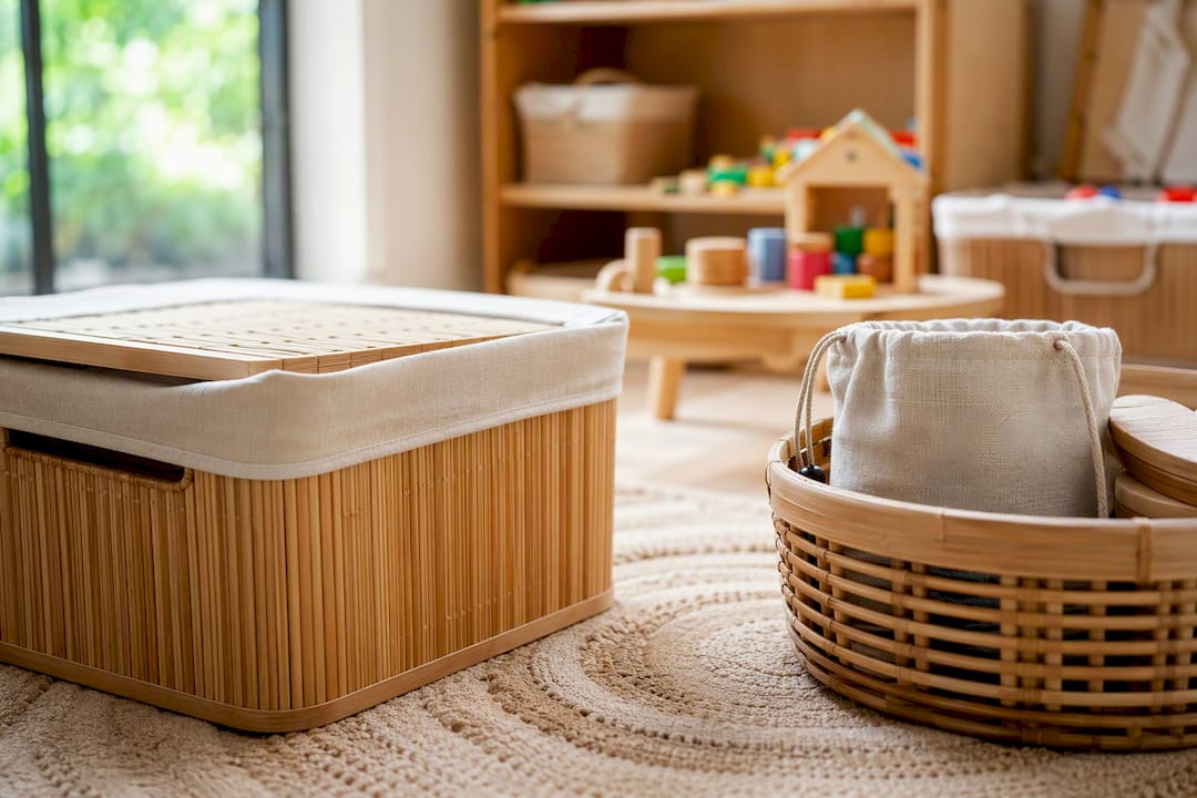Close-up of sustainable bamboo storage in playroom