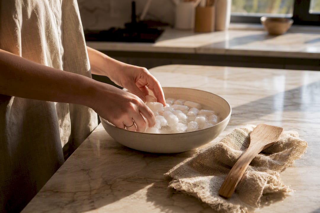 Hands testing packing peanuts dissolving in water