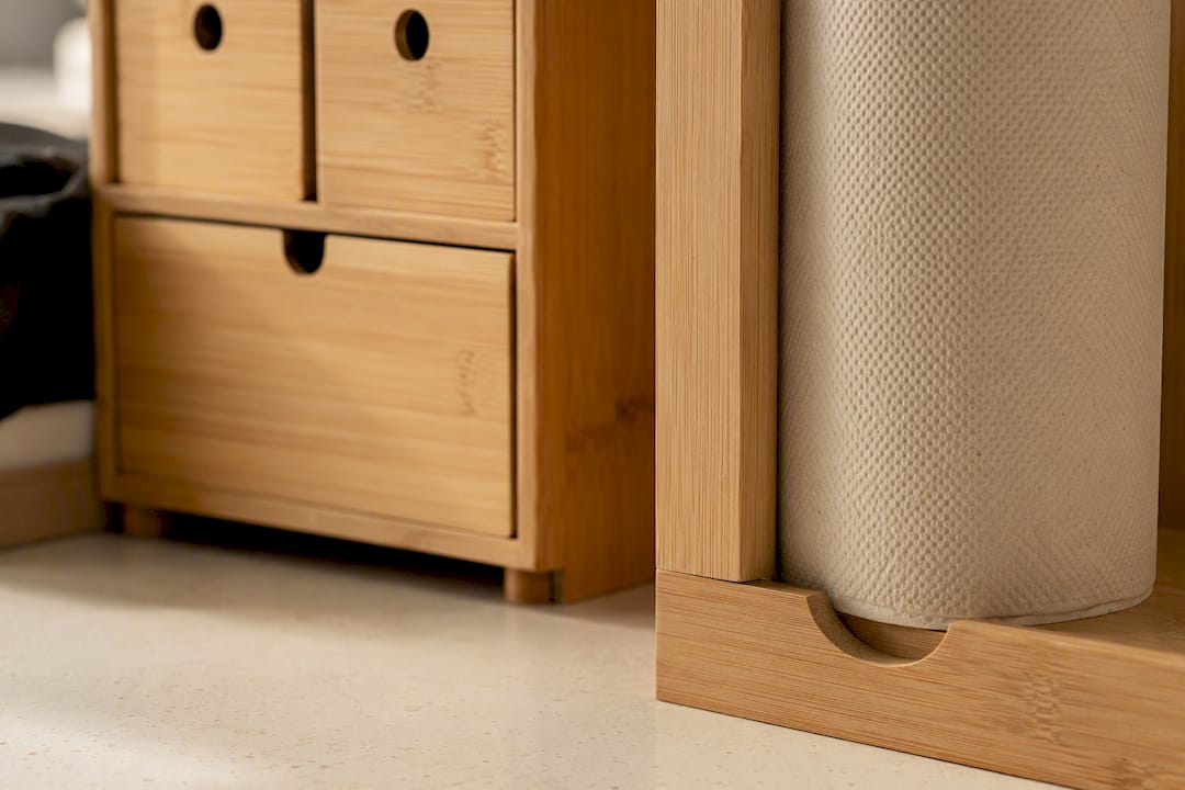 Close-up of bamboo wood grain in home organizer