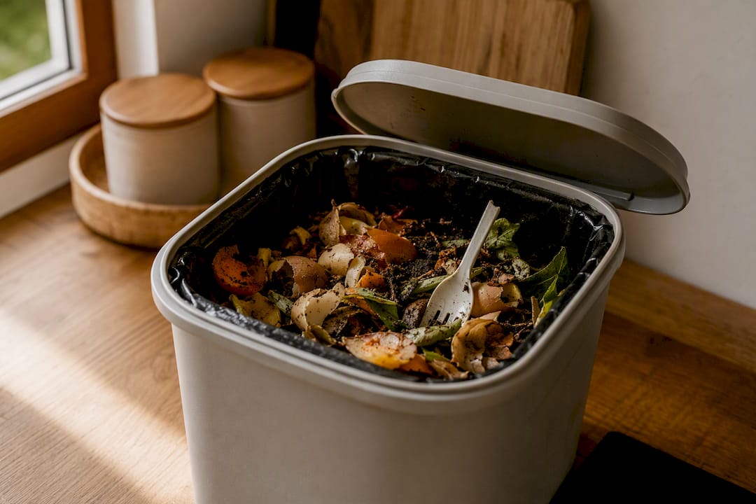 Kitchen compost bin with compostable plastic fork inside