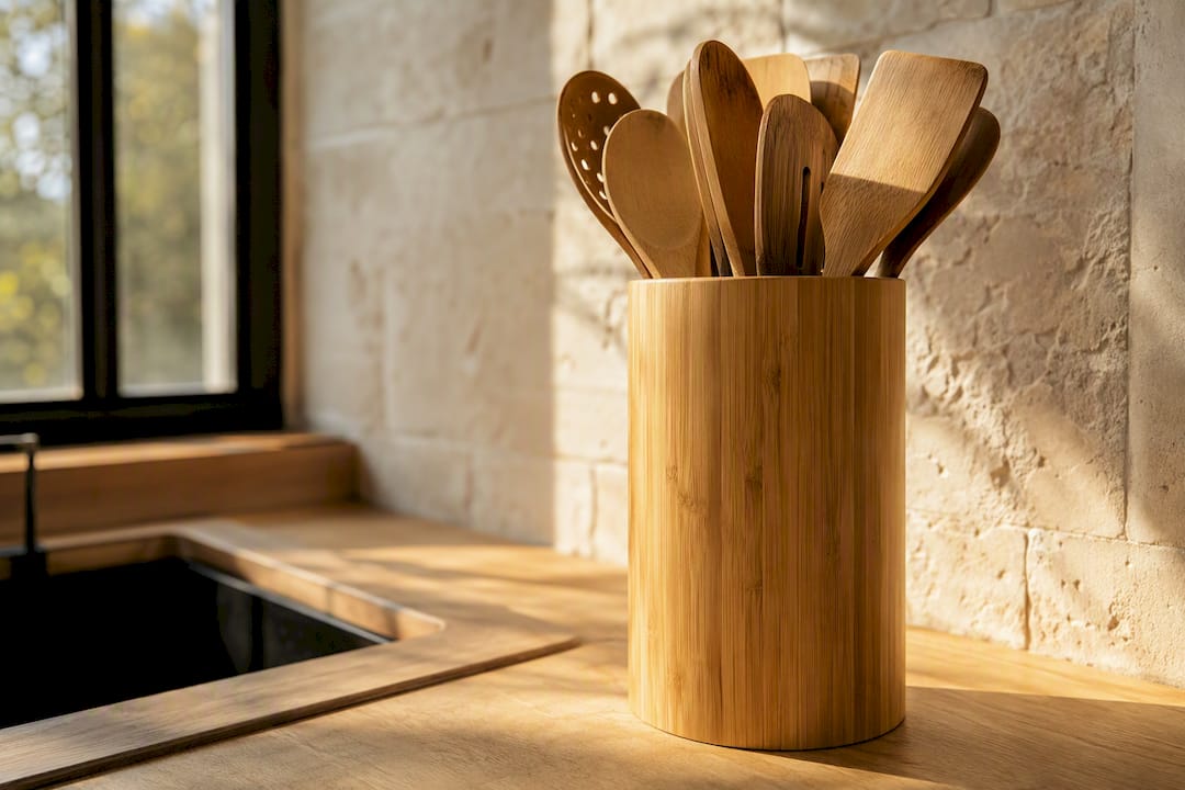 Countertop crock with kitchen utensils
