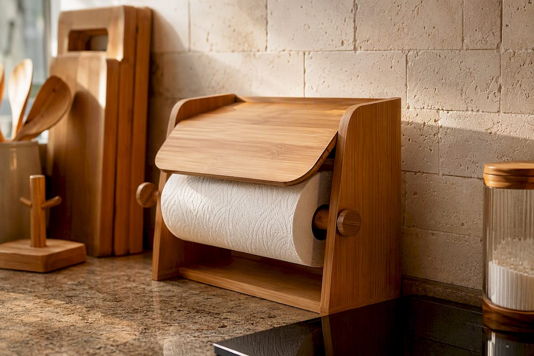 Bamboo paper towel dispenser on kitchen counter