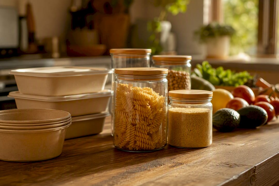 Eco-friendly food packaging on kitchen counter