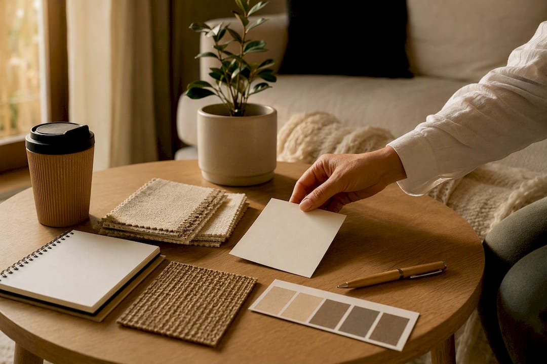 Flat lay of sustainable design tools and checklist