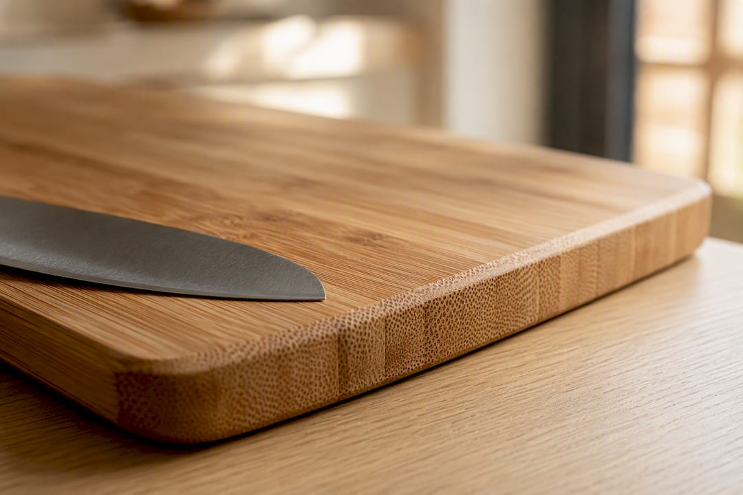 Close-up of bamboo cutting board surface texture