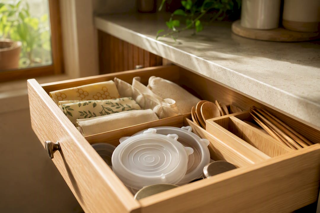 Open kitchen drawer with eco-friendly storage items