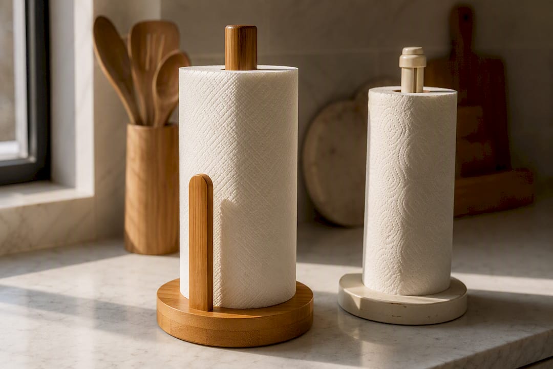 Bamboo paper towel dispenser beside plastic holder