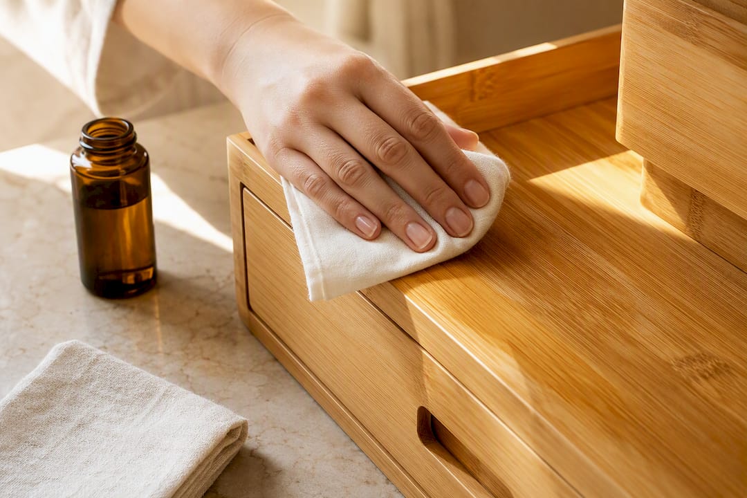 Hand applying oil to bamboo surface