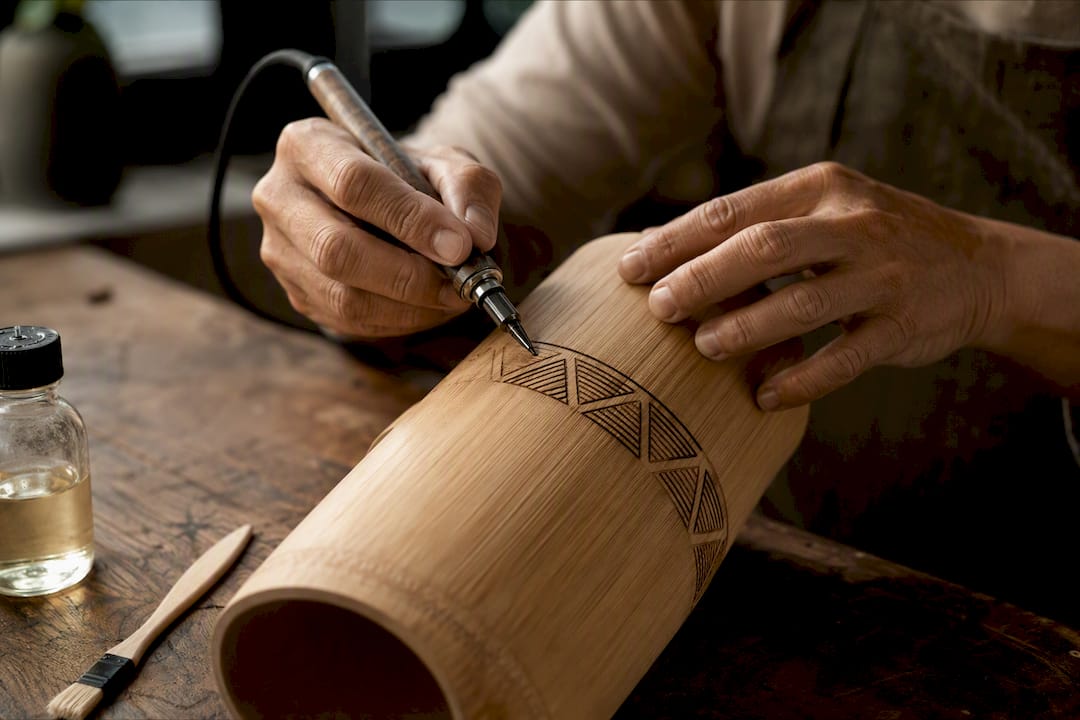 Hands etching geometric bamboo vase pattern