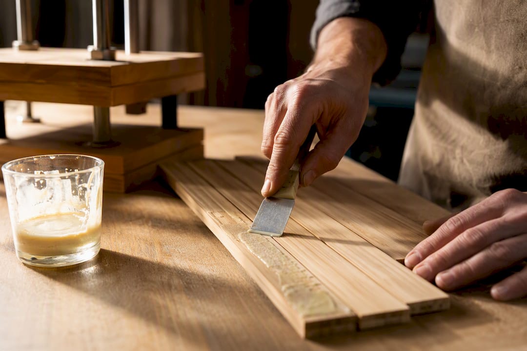 Adhesive applied between bamboo strips