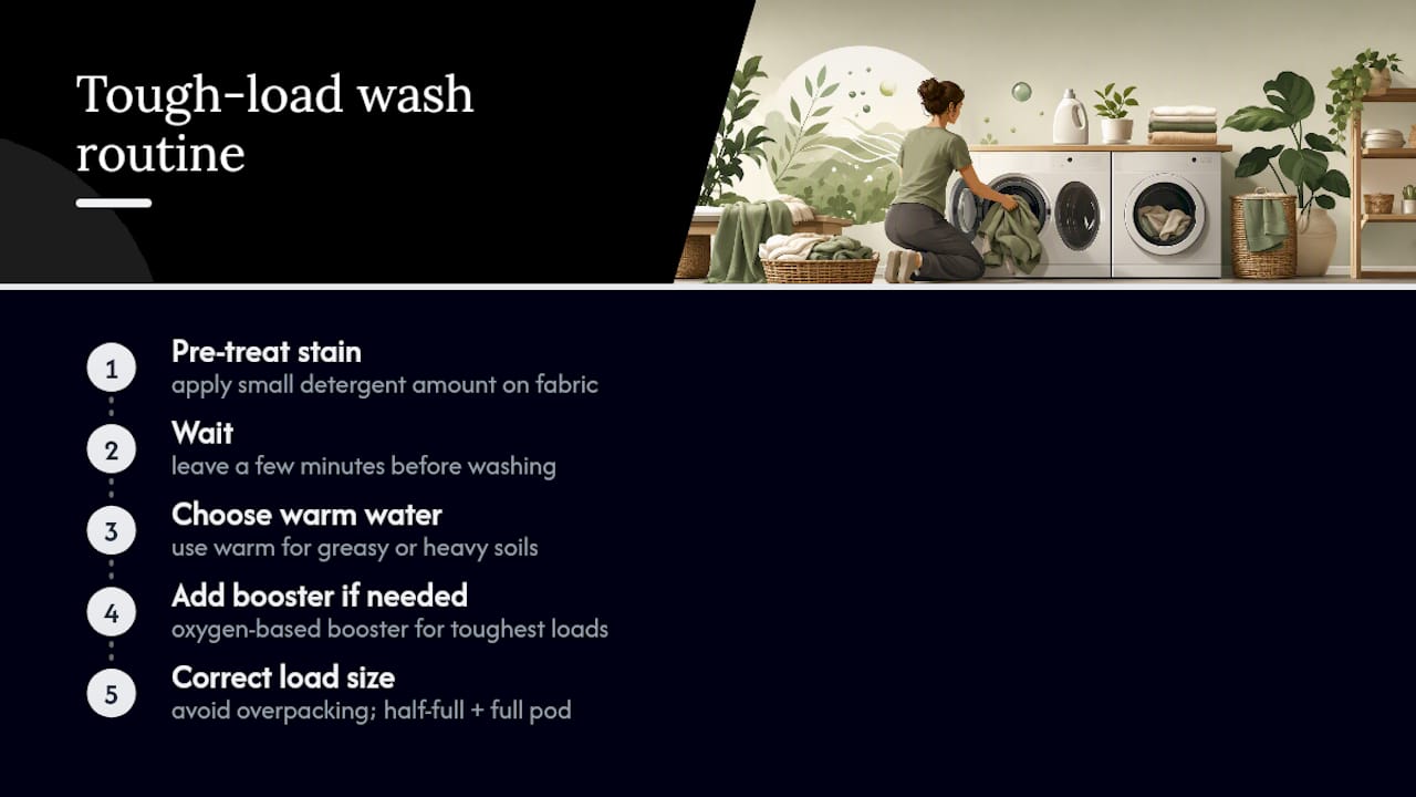 Four-step routine for treating tough laundry stains