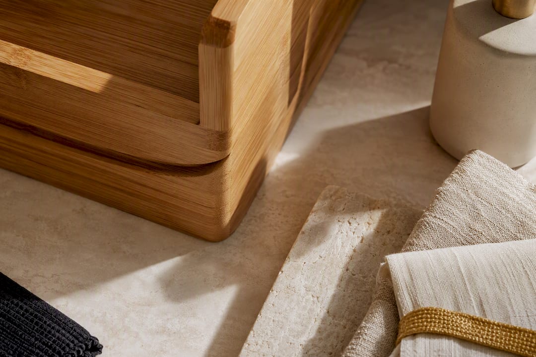 Bamboo grain paired with stone and linen