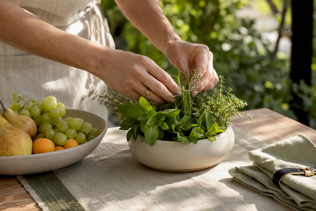 Hands arranging an edible herb centerpiece