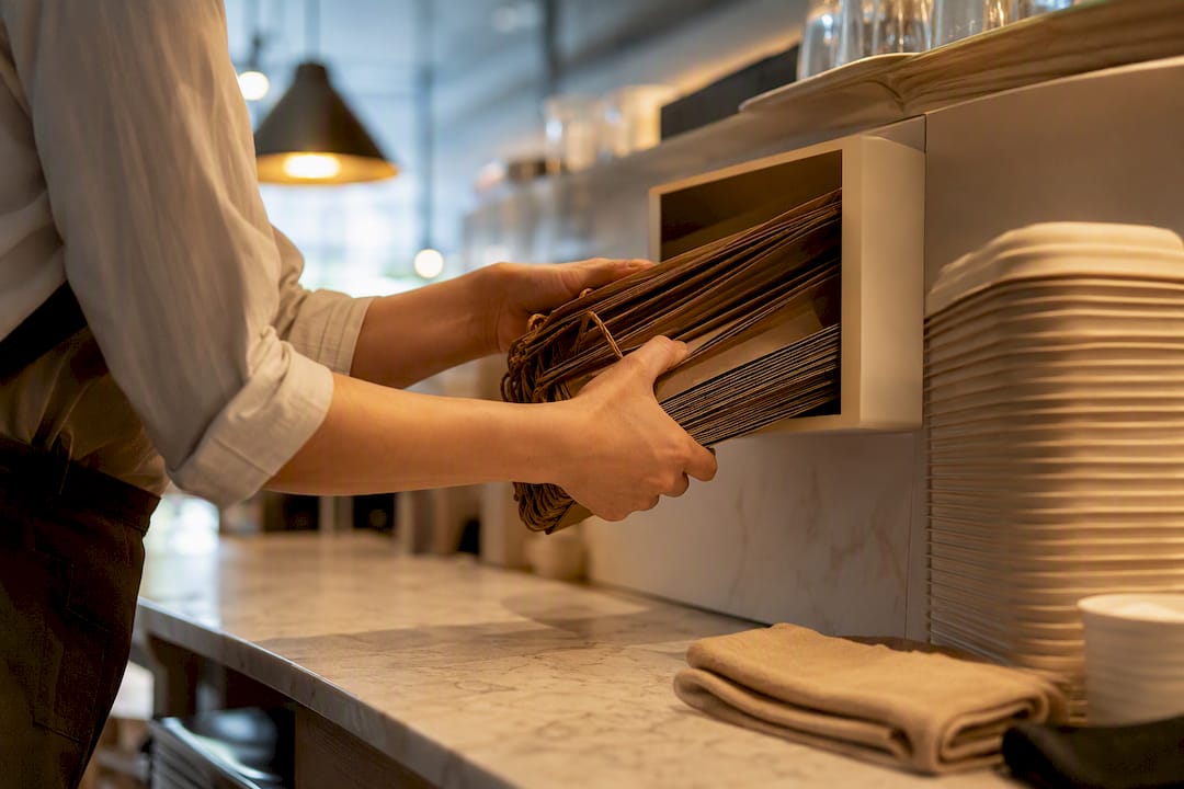 Hands loading bags at a café counter