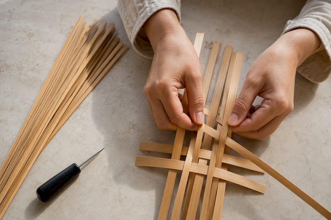 Hands weaving renewable bamboo strips