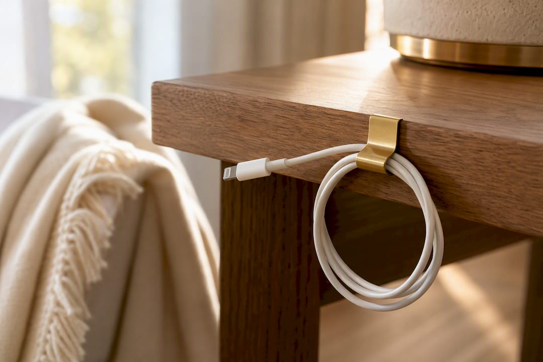 Daily charging cable clipped beside desk