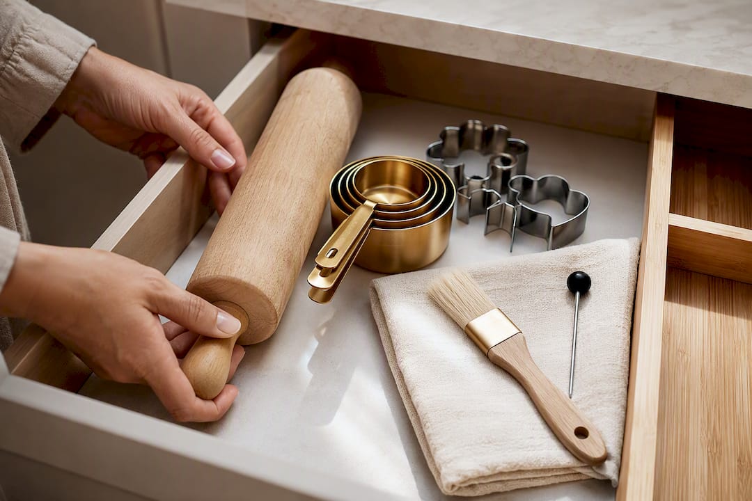Baking tools grouped in one organized drawer
