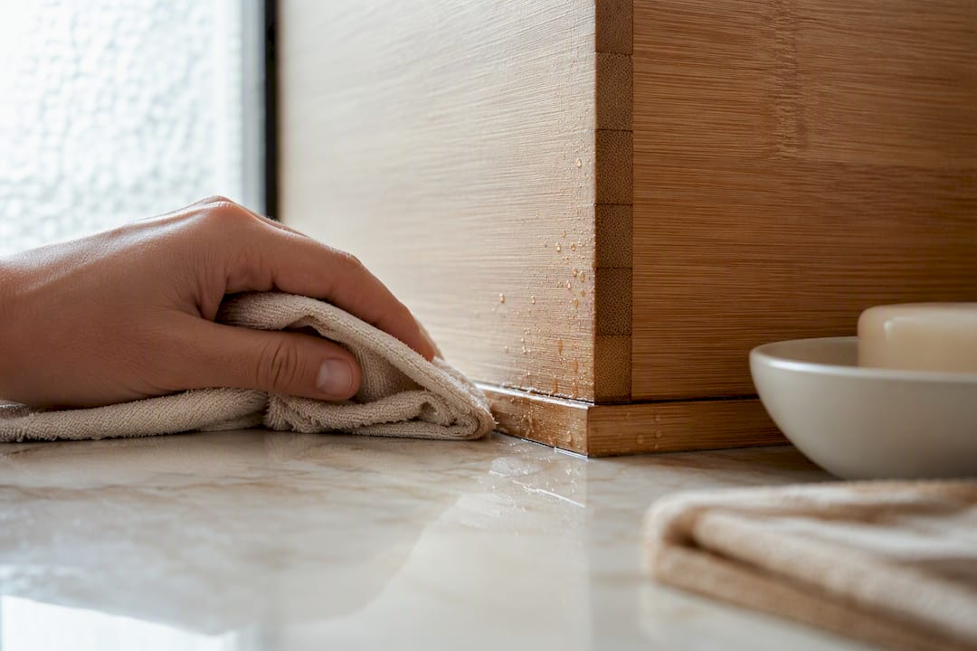 Water wiped from sealed bamboo fixture seam
