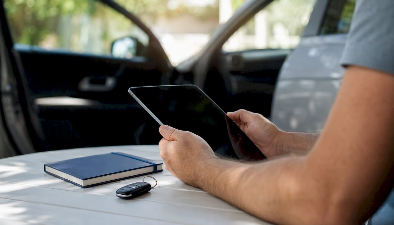 Hands holding tablet near car door jamb with VIN