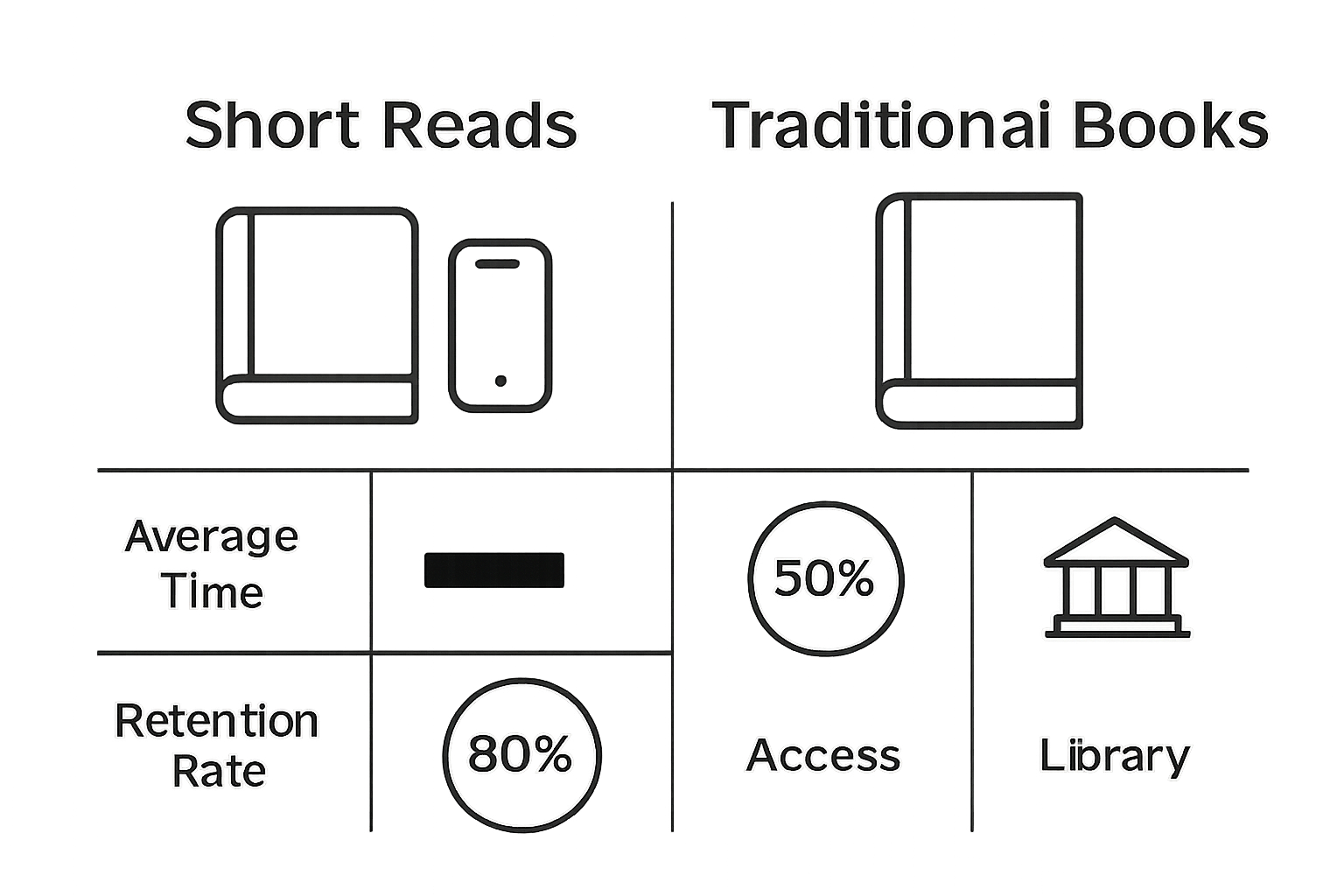 Infographic comparing short reads and traditional books on time, retention, and accessibility