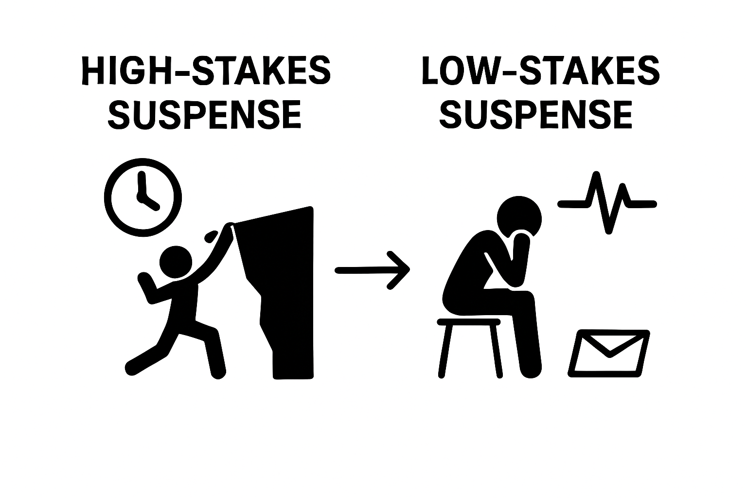 Infographic illustrating the difference between high-stakes and low-stakes suspense using two simple scenes.