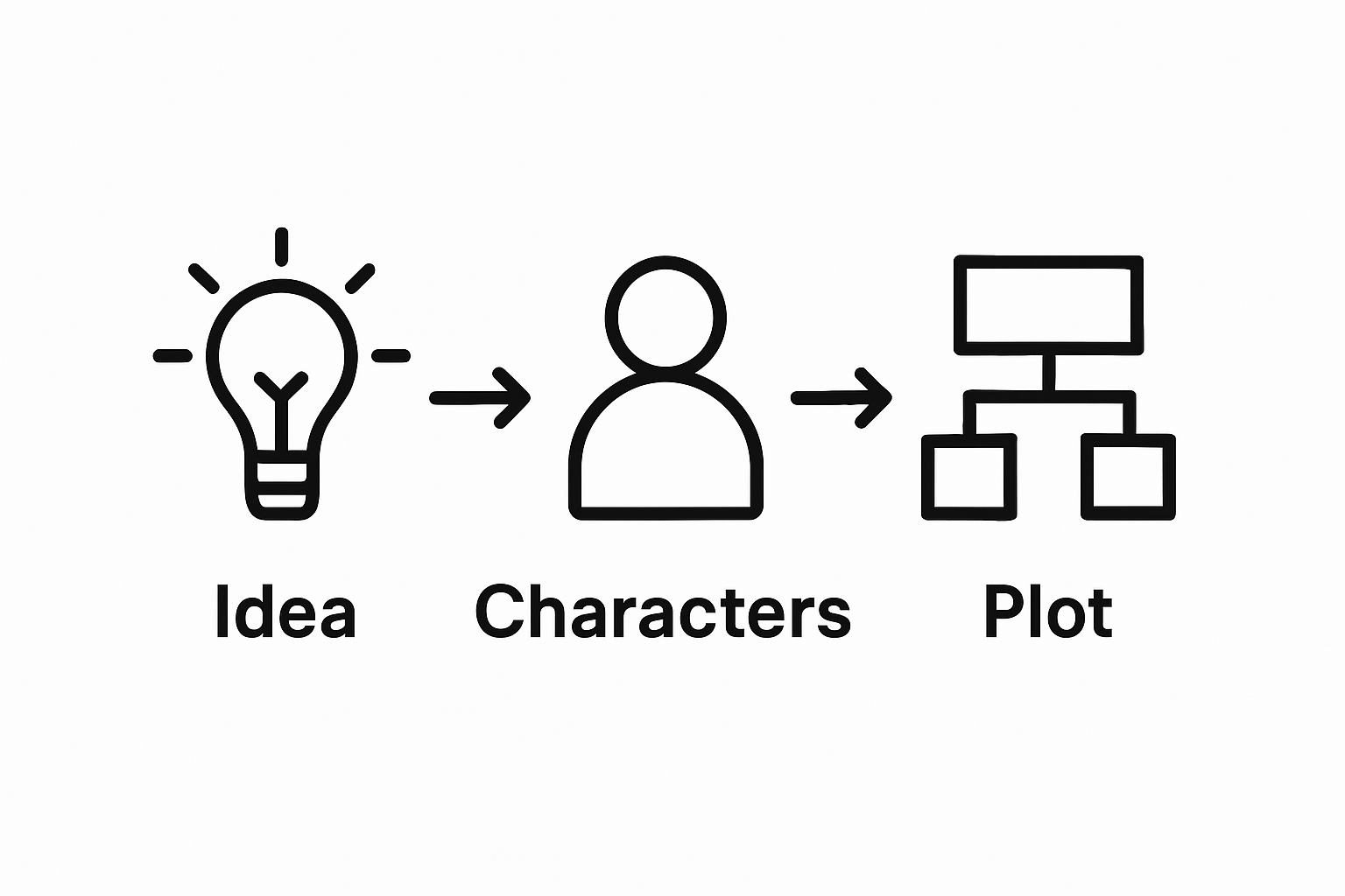 Infographic showing three steps: idea, characters, plot structure