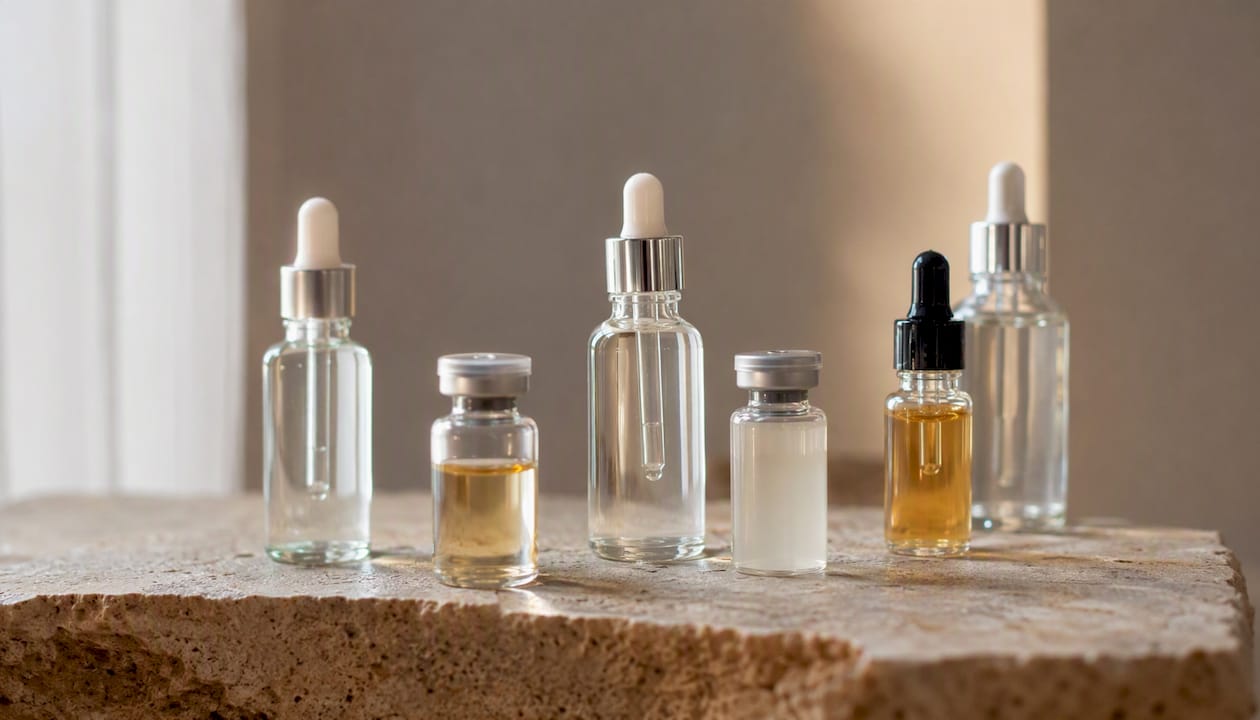 Verschiedene Fläschchen mit Peptid-Serum sowie passende Pipetten