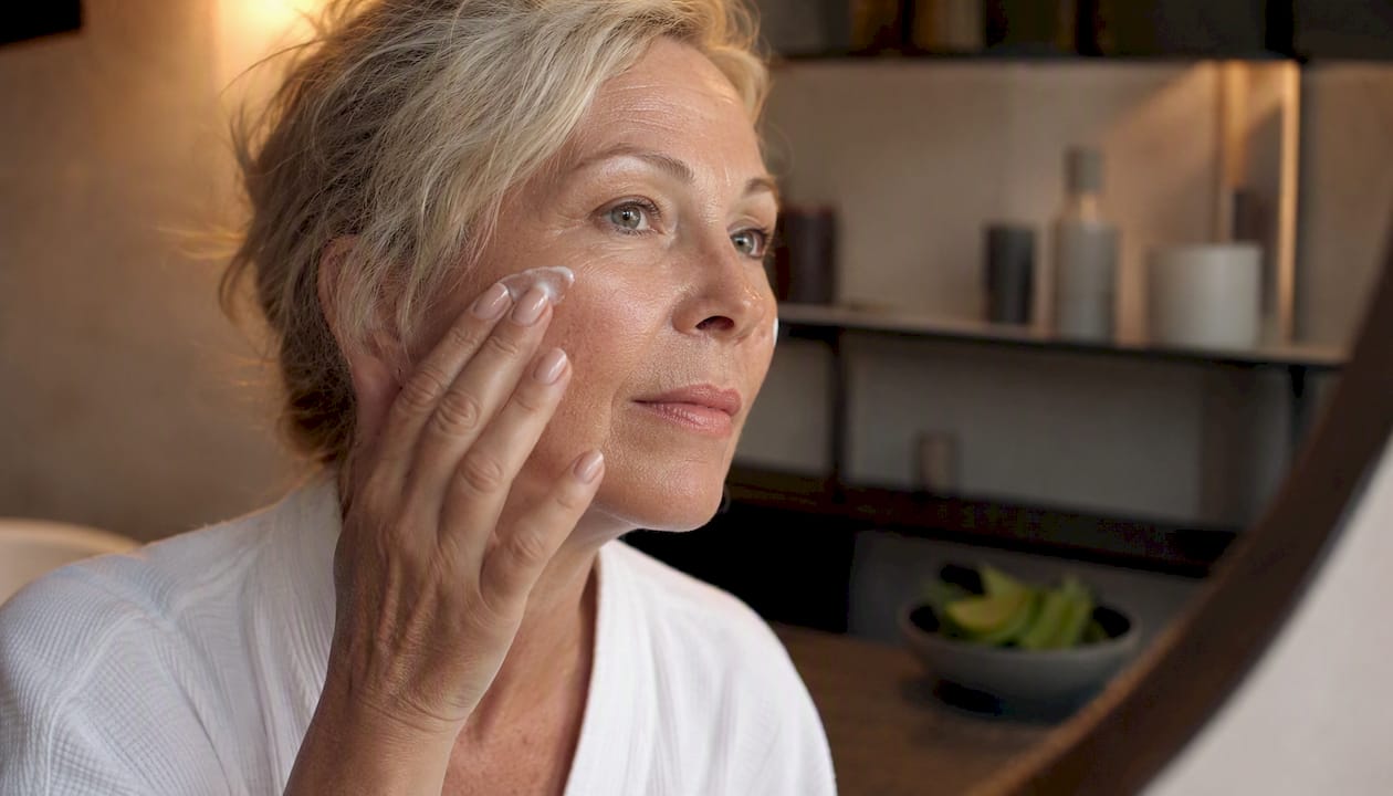 Una donna cura la sua pelle matura con una crema idratante.