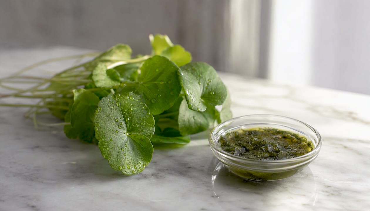 Fresh leaves of the tiger grass plant and an aromatic herbal paste