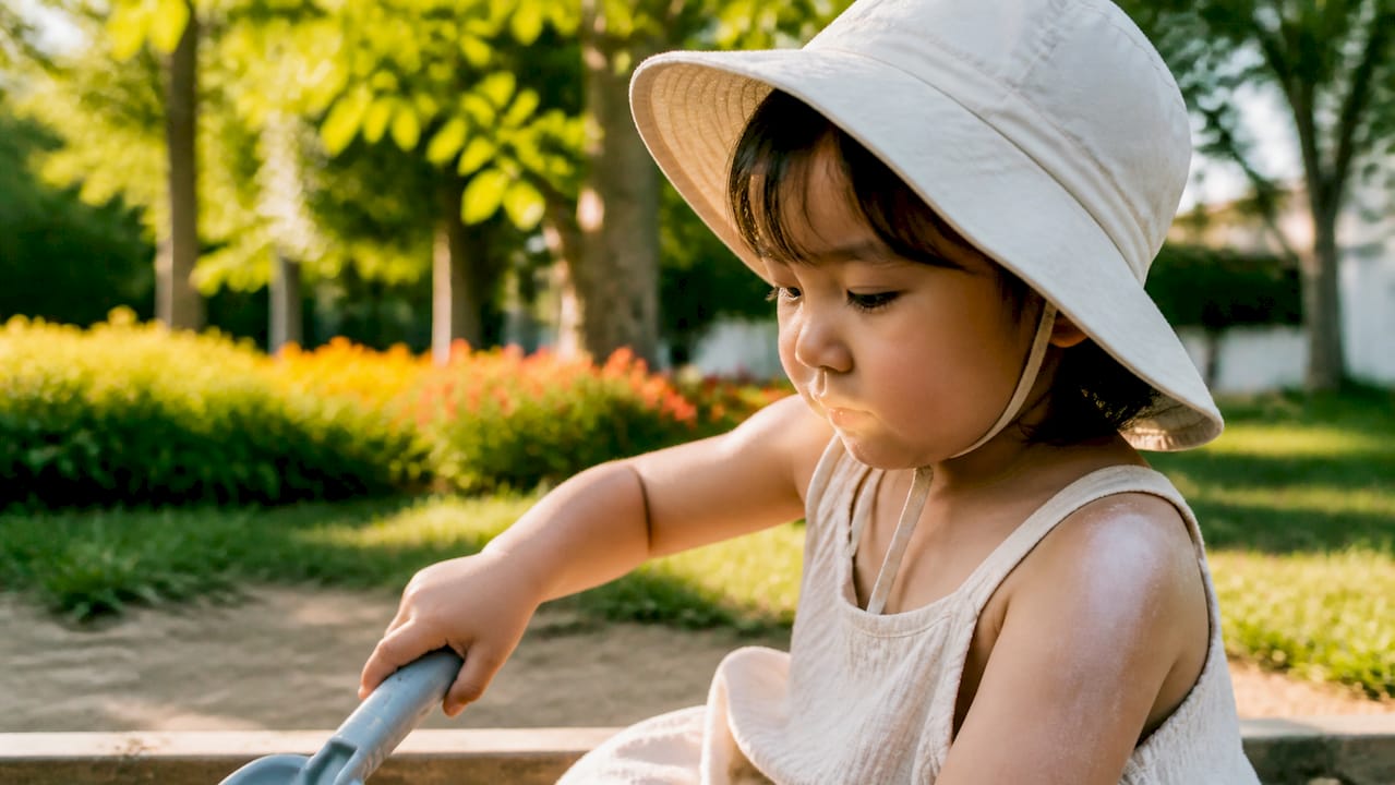 Child playing outdoors with sunscreen