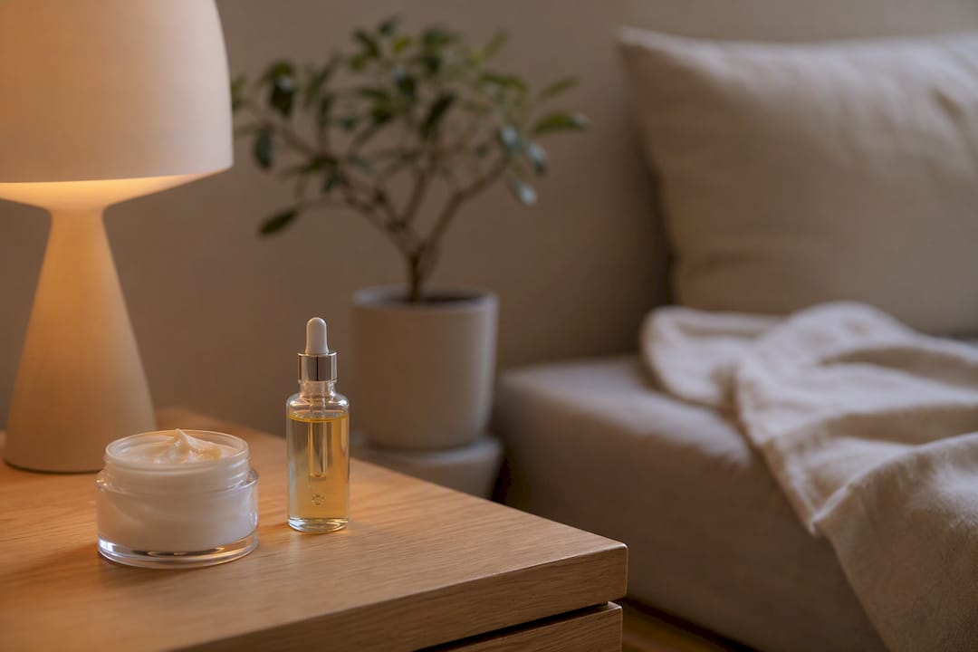 Hautcreme und Gesichtsöl auf dem Nachttisch